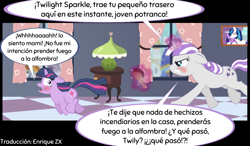 Size: 1200x700 | Tagged: safe, artist:thebuckneighkid, derpibooru exclusive, edit, editor:enrique zx, shining armor, twilight sparkle, twilight velvet, pony, unicorn, g4, angry, blushing, brother and sister, brush, chase, crying, dialogue, duo, female, filly, filly twilight sparkle, floppy ears, foal, hall, imminent spanking, incendiary spell, male, mother and child, mother and daughter, picture, punishment, running, siblings, spanish, spanish description, spanish text, spanking, this will end in grounding, this will end in pain, this will end in tears, translation, translator:enrique zx, unicorn twilight, younger