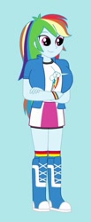 Size: 297x720 | Tagged: safe, artist:inferno55, rainbow dash, human, equestria girls, g4, big breasts, blue background, boots, breasts, busty rainbow dash, clothes, cyan background, high heel boots, jacket, shirt, shoes, simple background, skirt, socks, solo, vest