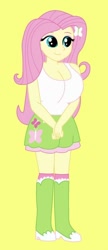 Size: 310x720 | Tagged: safe, artist:inferno55, fluttershy, human, equestria girls, g4, big breasts, boots, breasts, busty fluttershy, clothes, high heel boots, shirt, shoes, skirt, socks, solo