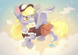 Size: 7016x4961 | Tagged: safe, artist:cutepencilcase, derpy hooves, pegasus, pony, bag, cheek fluff, cloud, colored hooves, female, flying, hat, heart, letter, mailbag, mailmare, mailmare hat, mailmare uniform, mare, mouth hold, sky, smiling, solo, underp, unshorn fetlocks