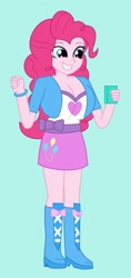 Size: 340x720 | Tagged: safe, artist:inferno55, pinkie pie, human, equestria girls, g4, belt, big breasts, boots, breasts, busty pinkie pie, clothes, high heel boots, jacket, shirt, shoes, skirt, solo, vest