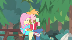 Size: 1920x1080 | Tagged: safe, edit, edited screencap, screencap, big macintosh, fluttershy, human, equestria girls, g4, my little pony equestria girls: better together, wake up!, wake up!: applejack, arm around neck, breakfast, clothes, coffee mug, crossed legs, cute, dress, drinking, duo, eating, eyes closed, female, food, forest, hand on shoulder, male, mug, pancakes, picnic table, ship:fluttermac, shipping, shyabetes, sitting, straight, table