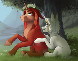 Size: 1920x1516 | Tagged: safe, artist:klarapl, oc, oc only, oc:leviathan, oc:medin, pony, unicorn, female, floral head wreath, flower, happy, long mane, male, mare, mountain, scenery, size difference, smiling, stallion, tree