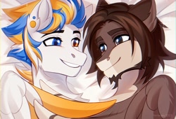 Size: 2200x1500 | Tagged: safe, artist:fenwaru, oc, oc only, oc:alan techard, pegasus, pony, duo, duo male, heterochromia, looking at each other, looking at someone, male, stallion