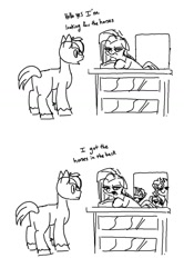 Size: 861x1293 | Tagged: safe, artist:attila, big macintosh, fluttershy, pinkie pie, sunset shimmer, twilight sparkle, earth pony, pony, unicorn, g4, black and white, butt, comic, counter, dialogue, grayscale, lil nas x, monochrome, old town road, pinkamena diane pie, plot, shop, simple background, song reference, sunglasses, white background