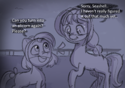 Size: 937x661 | Tagged: safe, anonymous artist, seashell (g5), sunny starscout, earth pony, pony, series:anorexic sunny, g5, dialogue, dream, duo, female, filly, foal, height difference, mare, raised hoof, speech bubble, talking