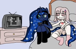 Size: 1124x726 | Tagged: safe, artist:anonymare, princess luna, alicorn, human, anthro, gamer luna, g4, anime, bed, chiaki nanami, controller, danganronpa, danganronpa 2, drugs, marijuana, television