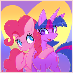 Size: 3100x3100 | Tagged: safe, artist:senx, pinkie pie, twilight sparkle, earth pony, pony, unicorn, g4, abstract background, duo, heart, heart eyes, high res, hug, smiling, unicorn twilight, wingding eyes