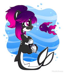 Size: 1764x1984 | Tagged: safe, artist:madelinne, oc, oc only, fish, orca, orca pony, original species, bubble, chibi, countershading, fish tail, ocean, pink eyes, simple background, solo, swimming, tail, underwater, unshorn fetlocks, water, white background