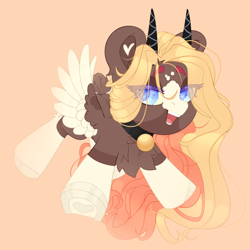 Size: 2500x2500 | Tagged: safe, artist:medkit, oc, oc only, fly, hybrid, original species, pegasus, pony, accessory, bell, big eyes, blaze (coat marking), chest fluff, chibi, choker, coat markings, colored eyebrows, colored eyelashes, colored hooves, colored pupils, colored wings, deer tail, ear fluff, ears up, eye clipping through hair, eyebrows, eyebrows visible through hair, eyelashes, eyes open, eyeshadow, facial markings, feather, feathered wings, female, fluffy, fluffy tail, flying, happy, heart shaped, high res, horn, horns, horseshoes, long horn, long mane, looking back, loose hair, makeup, mare, multicolored hair, open mouth, paint tool sai 2, pegasus oc, raised eyebrows, short tail, simple background, smiling, socks (coat markings), solo, speedpaint, speedpaint available, spots, spread wings, tail, teeth, three quarter view, wall of tags, wings