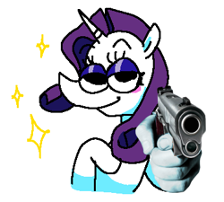 Size: 372x335 | Tagged: safe, artist:punkittdev, rarity, pony, unicorn, g4, blushing, female, gun, handgun, hoof on chest, looking at you, mare, pistol, simple background, smiling, smiling at you, solo, sparkles, suddenly hands, white background