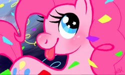 Size: 512x308 | Tagged: safe, artist:krowsy, pinkie pie, earth pony, pony, g4, :p, confetti, female, mare, solo, starry eyes, streamers, tongue out, wingding eyes