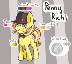 Size: 912x812 | Tagged: safe, artist:toxiccolour, oc, oc only, earth pony, pony, bowtie, female, freckles, hat, mare, reference sheet, smiling, solo