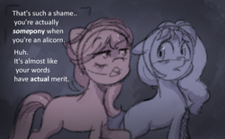 Size: 1083x673 | Tagged: safe, anonymous artist, sugar moonlight, sunny starscout, earth pony, pony, series:anorexic sunny, g5, bully, bullying, dream, duo, female, insecure, limited palette, looking at each other, looking at someone, mare, nightmare, open mouth, sketch
