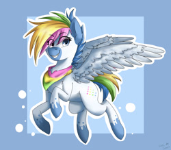 Size: 1612x1412 | Tagged: safe, artist:toxiccolour, oc, oc only, pegasus, pony, abstract background, coat markings, eye clipping through hair, eyelashes, female, grin, mare, multicolored hair, neckerchief, pegasus oc, rainbow hair, smiling, socks (coat markings), solo, wings