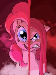 Size: 386x512 | Tagged: safe, artist:pooryorick, pinkie pie, earth pony, pony, g4, angry, blue eyes, duality, ears back, ears up, female, floppy ears, frown, gritted teeth, happy, mare, open mouth, open smile, pink coat, pink fur, pink hair, pink mane, pink pony, pinkamena diane pie, redraw, smiling, solo, split screen, teeth, two sides