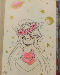 Size: 1080x1350 | Tagged: safe, artist:prettyshinegp, oc, oc only, earth pony, anthro, bust, clothes, earth pony oc, floral head wreath, flower, jupiter, scarf, signature, solo, traditional art