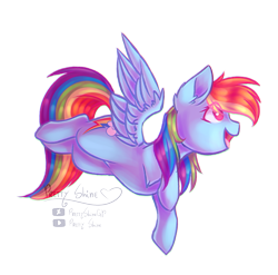 Size: 1414x1399 | Tagged: safe, artist:prettyshinegp, rainbow dash, pegasus, pony, g4, backwards cutie mark, eye clipping through hair, female, flying, mare, open mouth, signature, simple background, smiling, solo, spread wings, transparent background, wings