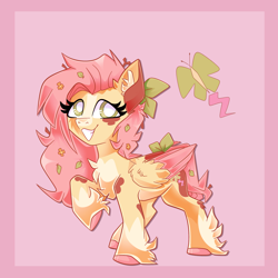 Size: 2048x2048 | Tagged: safe, artist:plushtrapez, fluttershy, butterfly, pegasus, pony, g4, alternate cutie mark, bow, chest fluff, coat markings, colored ears, colored hooves, colored wings, ear fluff, female, folded wings, grin, hair bow, high res, hoof fluff, hooves, leaves, leaves in hair, mare, raised hoof, redesign, smiling, solo, tail, tail bow, two toned wings, unshorn fetlocks, white pupils, wings