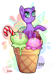 Size: 1280x1766 | Tagged: safe, artist:loverashley, oc, oc only, alicorn, pony, alicorn oc, candy, candy cane, commission, ear fluff, food, horn, ice cream, ice cream cone, micro, simple background, smiling, solo, sprinkles, transparent background, wings, your character here