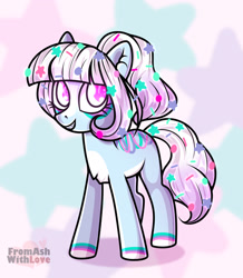 Size: 1280x1469 | Tagged: safe, artist:loverashley, oc, oc only, earth pony, pony, abstract background, earth pony oc, ethereal mane, eyelashes, female, grin, mare, smiling, solo, starry mane