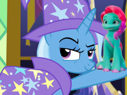 Size: 2048x1536 | Tagged: safe, edit, edited screencap, screencap, jazz hooves, trixie, earth pony, pony, unicorn, g4, g5, growing pains, my little pony: make your mark, my little pony: make your mark chapter 2, no second prances, cape, clothes, duo, duo female, female, hat, hoof polish, jazz has no ears, lidded eyes, mare, nervous, no ears, raised hoof, random, sitting, small pony, smiling, trixie's cape, trixie's hat, weird