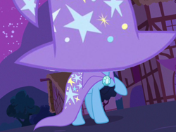 Size: 2048x1536 | Tagged: safe, edit, edited screencap, screencap, trixie, pony, unicorn, g4, magic duel, season 3, building, cape, clothes, female, gem, hat, hidden face, mare, night, ponyville, raised hoof, random, silly, solo, stars, tree, trixie's cape, trixie's hat, wat, weird