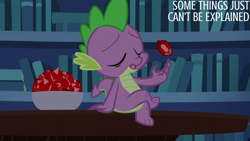 Size: 4400x2475 | Tagged: safe, edit, edited screencap, editor:quoterific, screencap, spike, dragon, g4, season 5, what about discord?, book, bookshelf, bowl, eyes closed, gem, gemstones, male, open mouth, solo, twilight's castle