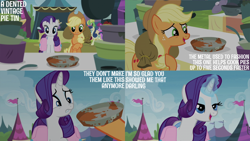 Size: 2000x1125 | Tagged: safe, edit, edited screencap, editor:quoterific, screencap, applejack, berry punch, berryshine, bon bon, rarity, sweetie drops, wensley, earth pony, pony, unicorn, g4, trade ya!, background pony, bag, dented, duo focus, female, frown, glowing, glowing horn, grin, gritted teeth, horn, magic, male, mare, open mouth, open smile, pie tin, sack, smiling, stallion, teeth, vintage