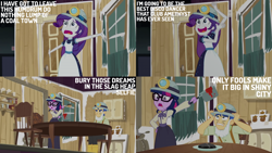 Size: 2000x1125 | Tagged: safe, edit, edited screencap, editor:quoterific, screencap, flash sentry, rarity, sci-twi, twilight sparkle, human, equestria girls, equestria girls series, g4, opening night, :/, acting, clothes, costume, dramatic, faic, fake beard, female, frown, gritted teeth, hand on hip, helmet, male, mining helmet, open mouth, open smile, pot, rarity being rarity, selfie soot, smiling, teeth