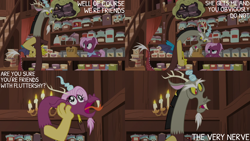 Size: 2000x1125 | Tagged: safe, edit, edited screencap, editor:quoterific, screencap, discord, jasmine leaf, draconequus, earth pony, pony, discordant harmony, g4, season 7, candle, discord is not amused, duo, duo male and female, facial hair, female, food, forked tongue, frown, goatee, gritted teeth, implied fluttershy, insulted, intimidated, intimidating, male, mare, morphing, offended, open mouth, open smile, pretend, scared, smiling, snaggletooth, talking, tea, teeth, tongue out, unamused