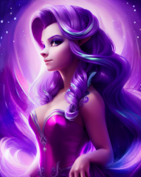 Size: 1024x1280 | Tagged: safe, ai assisted, ai content, generator:pony soup v2, generator:stable diffusion, prompter:siber, starlight glimmer, human, g4, bare shoulders, beautiful, breasts, cleavage, clothes, corset, dress, elf ears, female, humanized, looking at you, sleeveless, solo, strapless