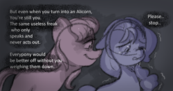 Size: 1254x659 | Tagged: safe, anonymous artist, sugar moonlight, sunny starscout, earth pony, pony, series:anorexic sunny, g5, bully, bullying, crying, dialogue, dream, duo, female, insecure, limited palette, looking at someone, looking away, mare, nightmare, shaking, sketch, talking