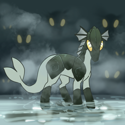 Size: 2048x2048 | Tagged: safe, artist:pfeffaroo, oc, oc only, changeling, fanfic:song of seven, armor, changeling oc, creepy, fish tail, fog, glowing, glowing eyes, helmet, high res, looking at you, shell, tail, water
