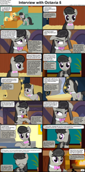 Size: 1282x2589 | Tagged: safe, artist:agrol, edit, edited screencap, screencap, applejack, octavia melody, earth pony, pony, comic:celestia's servant interview, g4, apple, aweeg*, bipedal, bow (instrument), bucket, caption, cello, cello bow, clothes, comic, cs captions, female, fire, fireplace, food, glass, hoof hold, image macro, interview, mare, market, market stall, musical instrument, octavia is not amused, octavia's birthday, old art, scarf, screencap comic, striped scarf, text, unamused, wine glass