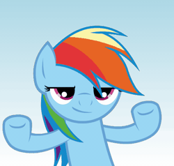 Size: 496x473 | Tagged: safe, artist:awesomebrony, rainbow dash, pegasus, pony, g4, animated, blue background, dancing, faic, female, gif, gradient background, looking at you, mare, moving, profile picture, raised hooves, silly, simple background, smug, smugdash, solo