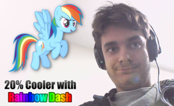 Size: 1115x680 | Tagged: safe, artist:awesomebrony, rainbow dash, human, pegasus, pony, g4, 20% cooler, brony, caption, female, flying, headphones, image macro, irl, irl human, male, mare, photo, photoshop, ponies in real life, raised hooves, smiling, smirk, text