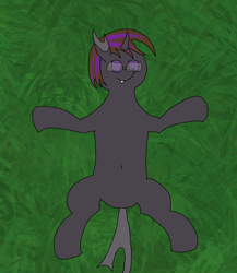 Size: 3188x3679 | Tagged: safe, artist:darkderp, oc, oc only, oc:bezier, changeling, belly button, cute, glasses, grass, high res, lying down, on back, purple changeling, solo