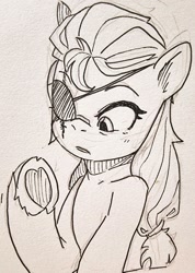 Size: 731x1024 | Tagged: safe, artist:maren, sunny starscout, earth pony, pony, g5, clothes, eye scar, eyepatch, facial scar, female, mare, open mouth, raised hoof, scar, sketch, solo, sweater, traditional art, unshorn fetlocks