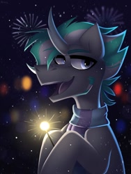 Size: 600x800 | Tagged: safe, artist:rtootb, oc, oc only, original species, pony, unicorn, clothes, dark background, fireworks, happy, happy new year, holiday, looking at someone, male, new year, night, scarf, snow, solo, sparkler (firework), striped scarf