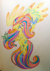 Size: 849x1198 | Tagged: safe, artist:kluzart, fluttershy, bird, blue jay, hummingbird, pony, g4, palindrome get, rainbow power, solo, traditional art