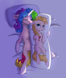 Size: 1608x1875 | Tagged: safe, artist:lambydwight, cupcake (g3), oc, oc only, oc:rainy shine, earth pony, pony, unicorn, g3, bed, body pillow, braid, eyes closed, hug, pillow, sleeping