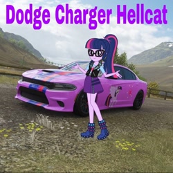 Size: 1080x1080 | Tagged: safe, artist:punzil504, edit, editor:scitwisparkle42, sci-twi, twilight sparkle, human, equestria girls, g4, car, clothes swap, dodge charger, forza horizon 4, game screencap, solo, video game
