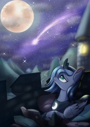 Size: 2480x3508 | Tagged: safe, artist:playful wings, princess luna, alicorn, pony, g4, book, eyebrows, female, folded wings, high res, looking up, lying down, mare, moon, night, pillow, prone, shooting star, smiling, solo, stars, wings