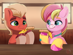 Size: 3000x2250 | Tagged: safe, artist:joaothejohn, sprout cloverleaf, oc, oc:malarkey, earth pony, pony, g5, blushing, canon x oc, collar, commission, cute, date, duo, earth pony oc, eating, food, high res, hooves, jewelry, male, necklace, nonbinary, pizza, ponysona, restaurant, sproutbetes, stallion, table, unshorn fetlocks