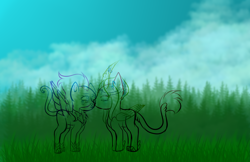 Size: 5400x3500 | Tagged: safe, artist:thecommandermiky, oc, oc only, alicorn, cheetah, hybrid, pegasus, pony, alicorn oc, cheek kiss, chest fluff, cloud, cloudy, forest, grass, grass field, horn, kissing, long tail, oc x oc, paws, pegasus oc, shipping, sketch, sketch dump, spread wings, tail, wings