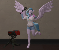 Size: 1260x1080 | Tagged: safe, artist:php170, silverstream, hippogriff, anthro, unguligrade anthro, g4, 3d, bunny ears, bunny ears (gesture), clothes, criatures fortress 2, engineer, engineer (tf2), female, hooves, looking at you, nexgen, pants, pose, sentry gun, shirt, smiling, smiling at you, solo, source filmmaker, spread wings, t-shirt, tail, team fortress 2, weapon, wings, wrench