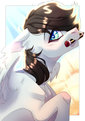 Size: 2760x3920 | Tagged: safe, artist:honeybbear, oc, oc only, oc:sky camper, pegasus, pony, high res, male, mouth hold, pencil, solo, stallion