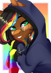 Size: 2760x3920 | Tagged: safe, artist:honeybbear, oc, oc only, oc:notetaker, earth pony, pony, clothes, female, glasses, gradient background, high res, hoodie, mare, rainbow background, rainbow socks, socks, solo, striped socks