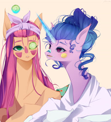 Size: 3200x3509 | Tagged: safe, artist:clefficia, izzy moonbow, sunny starscout, earth pony, pony, unicorn, g5, blushing, clothes, commission, commissioner:zcord, duo, duo female, female, floating, food, fruit, glowing, glowing horn, hairstyle, high res, horn, kiwi fruit, long hair, pajamas, pillow, shirt, simple background